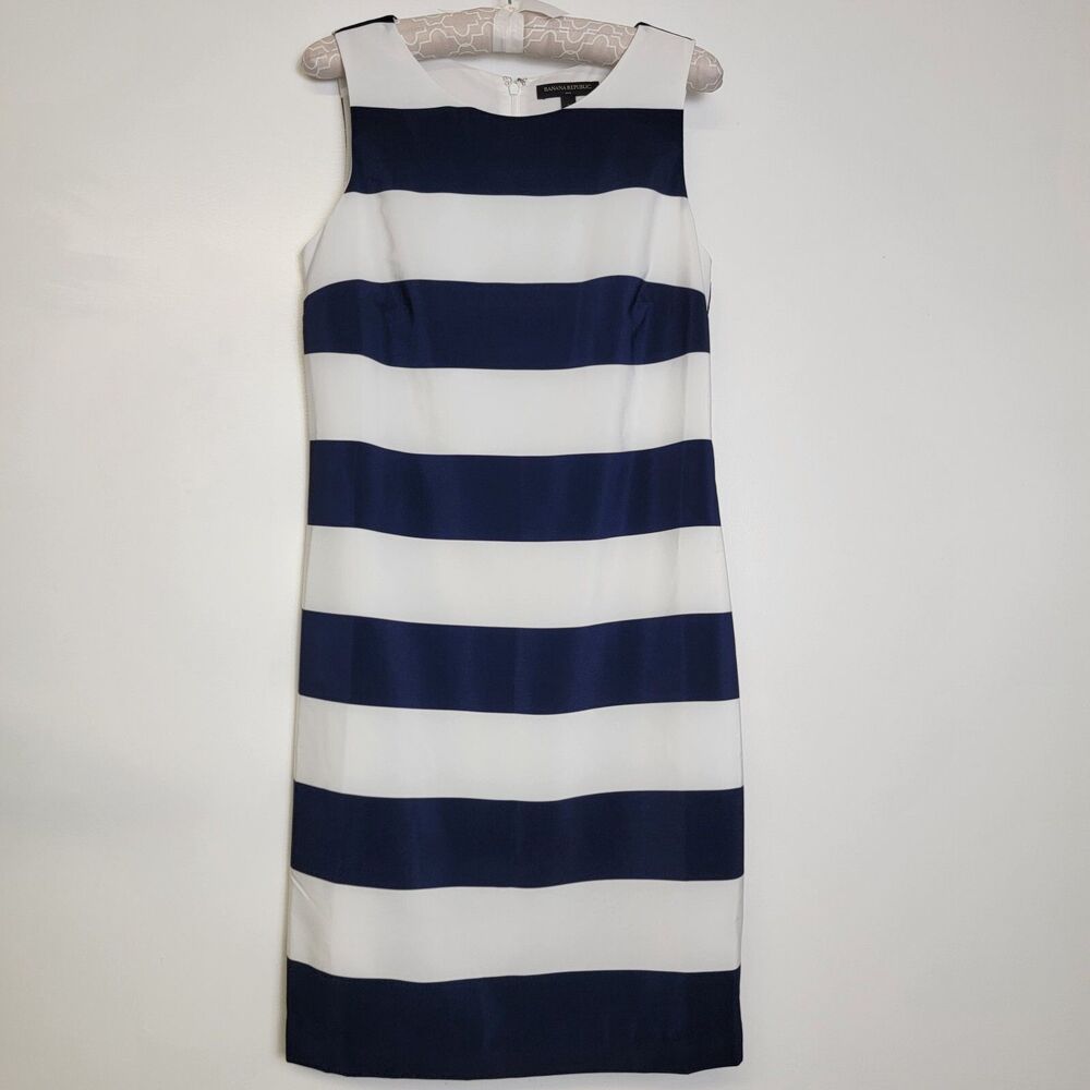 Banana Republic Womens Sleeveless Navy & White Stripe Lined Sheath Dress 2 EUC
